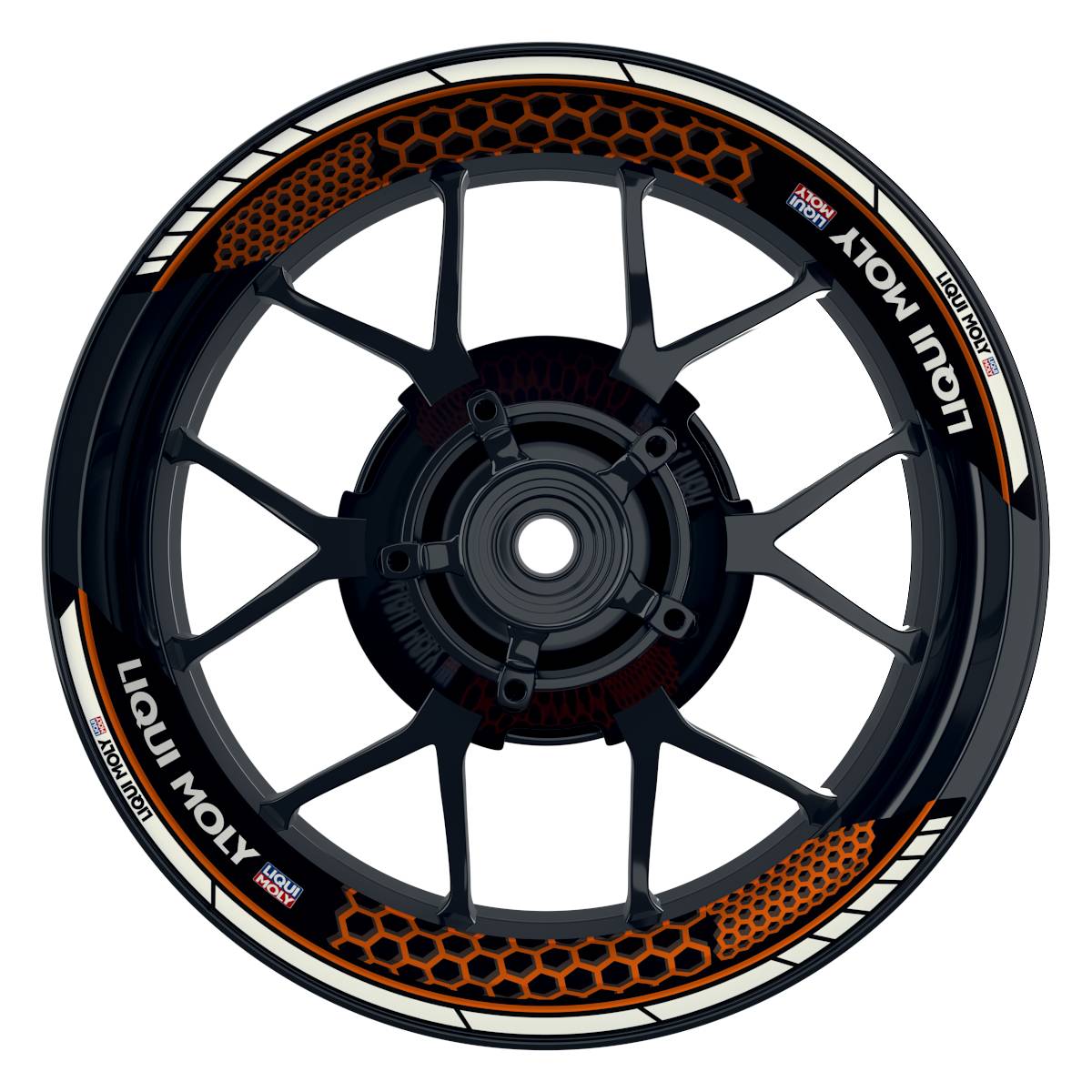Felgenaufkleber Liqui Moly Design Hexagon schwarz Premium geteilt orange