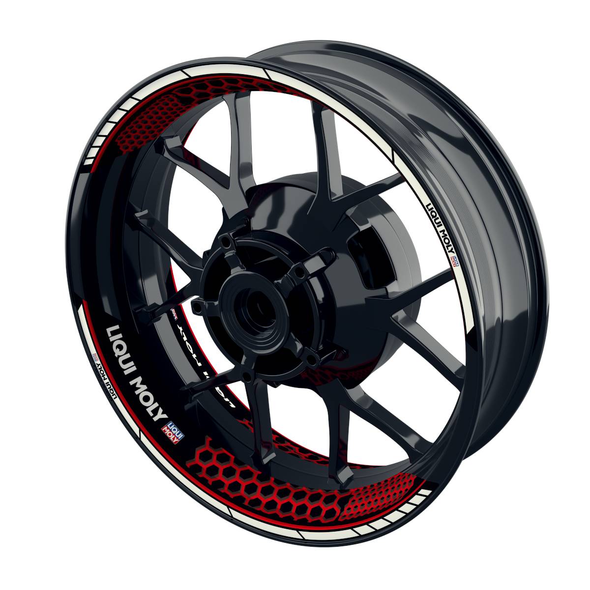 Felgenaufkleber Liqui Moly Design Hexagon schwarz Premium geteilt rot