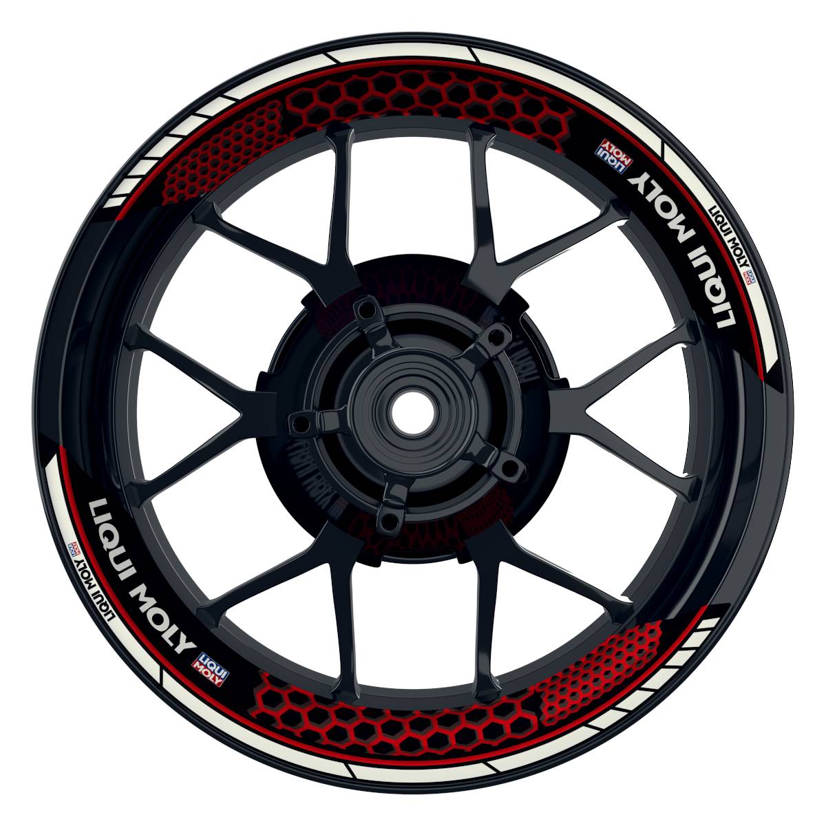 Felgenaufkleber Liqui Moly Design Hexagon schwarz Premium geteilt rot