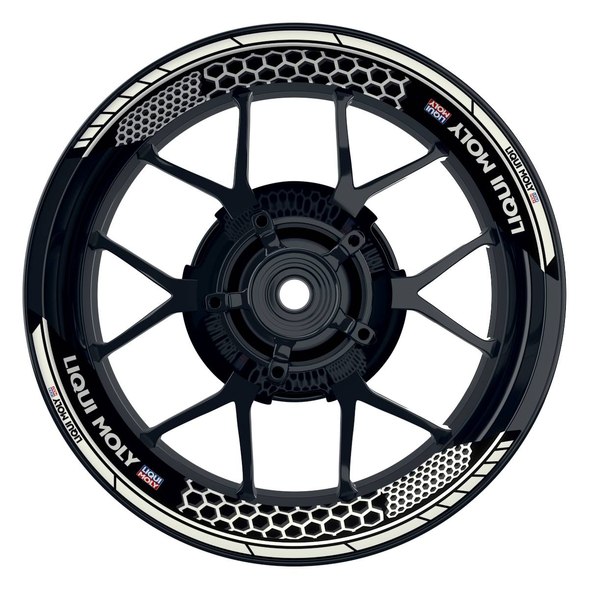 Felgenaufkleber Liqui Moly Design Hexagon schwarz Premium geteilt weiss