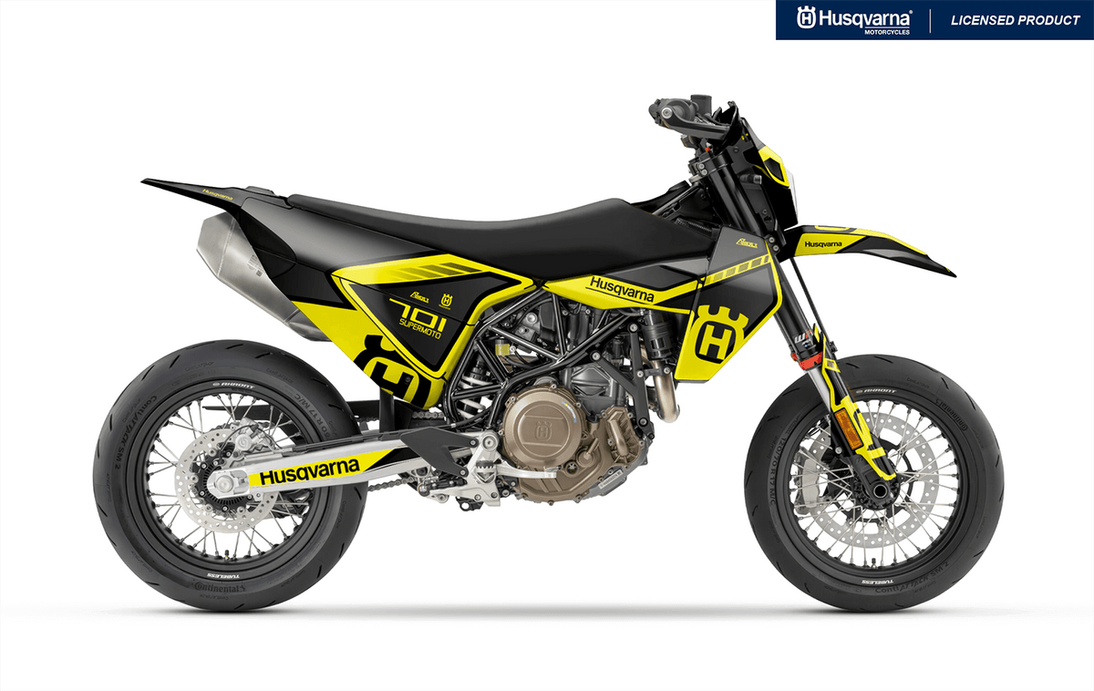 Arider Dekor passend für Husqvarna 701 – Sigma Edition, gelb-schwarze Grafik auf einer Husqvarna 701 Supermoto in Seitenansicht.
