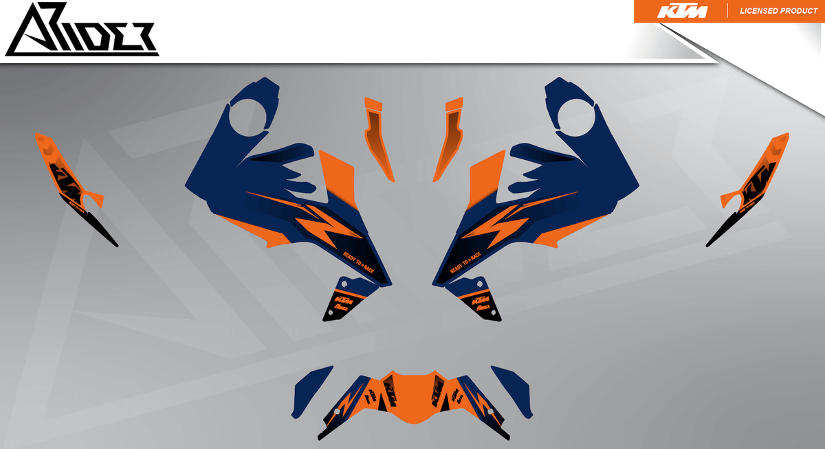Arider Dekor passend für KTM Duke 125 – Base Edition, blau-orange Grafikteile in flacher Einzelteilansicht.