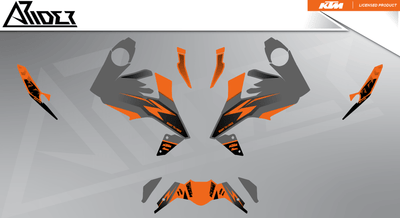 Arider Dekor passend für KTM Duke 125 – Base Edition, grau-orange Grafikteile in flacher Einzelteilansicht.
