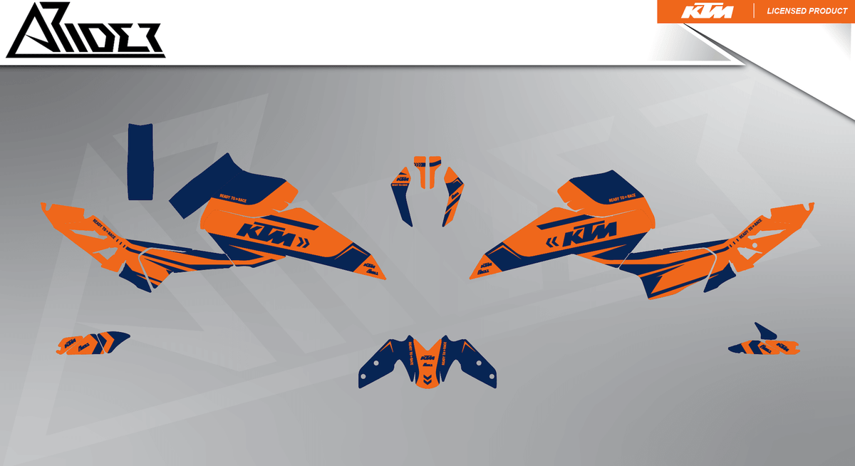 Arider Dekor passend für KTM Duke 125 – Alpha Edition, blau-orange Grafikteile in flacher Einzelteilansicht.