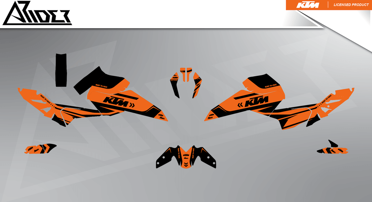 Arider Dekor passend für KTM Duke 125 – Alpha Edition, orange-schwarze Grafikteile in flacher Einzelteilansicht.