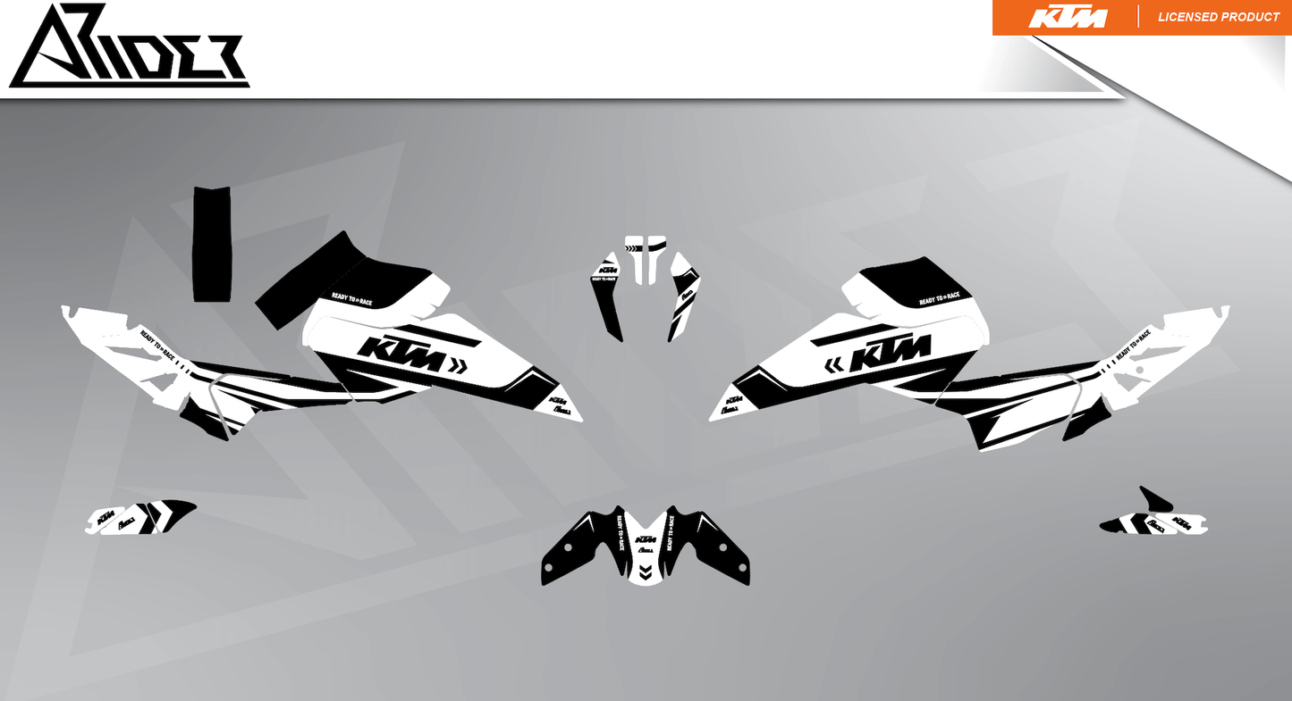 Arider Dekor passend für KTM Duke 125 – Alpha Edition, weiß-schwarze Grafikteile in flacher Einzelteilansicht.