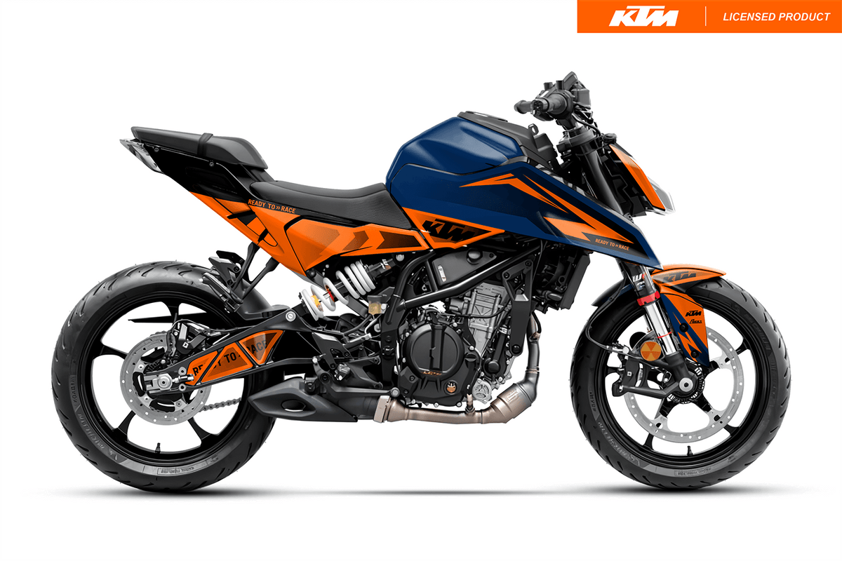 Arider Dekor passend für KTM Duke 125 – Base Edition, blau-orange Grafik auf kompletter Seitenansicht der Maschine.