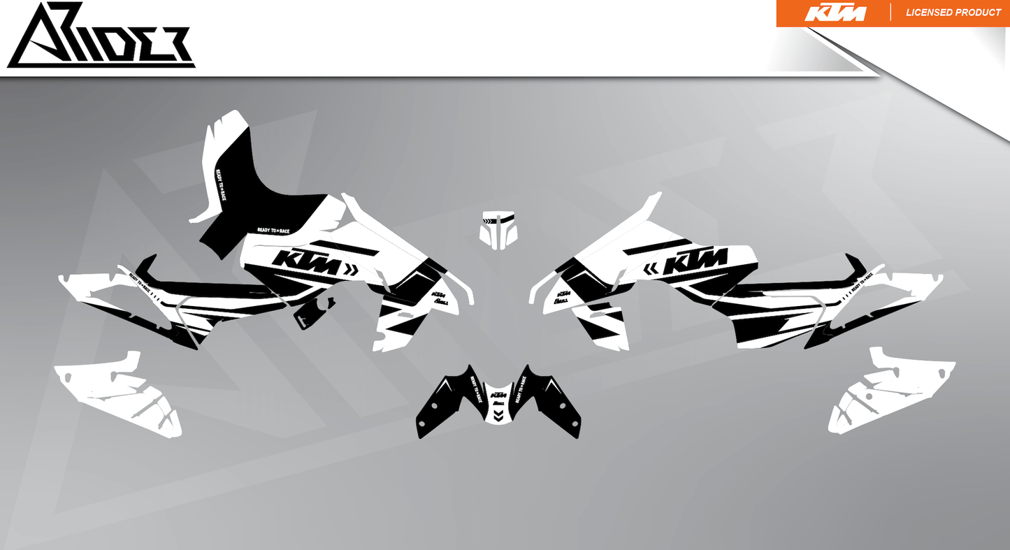 Arider Dekor passend für KTM Duke 390 – Alpha Edition, weiß-schwarze Grafikteile in flacher Einzelteilansicht.