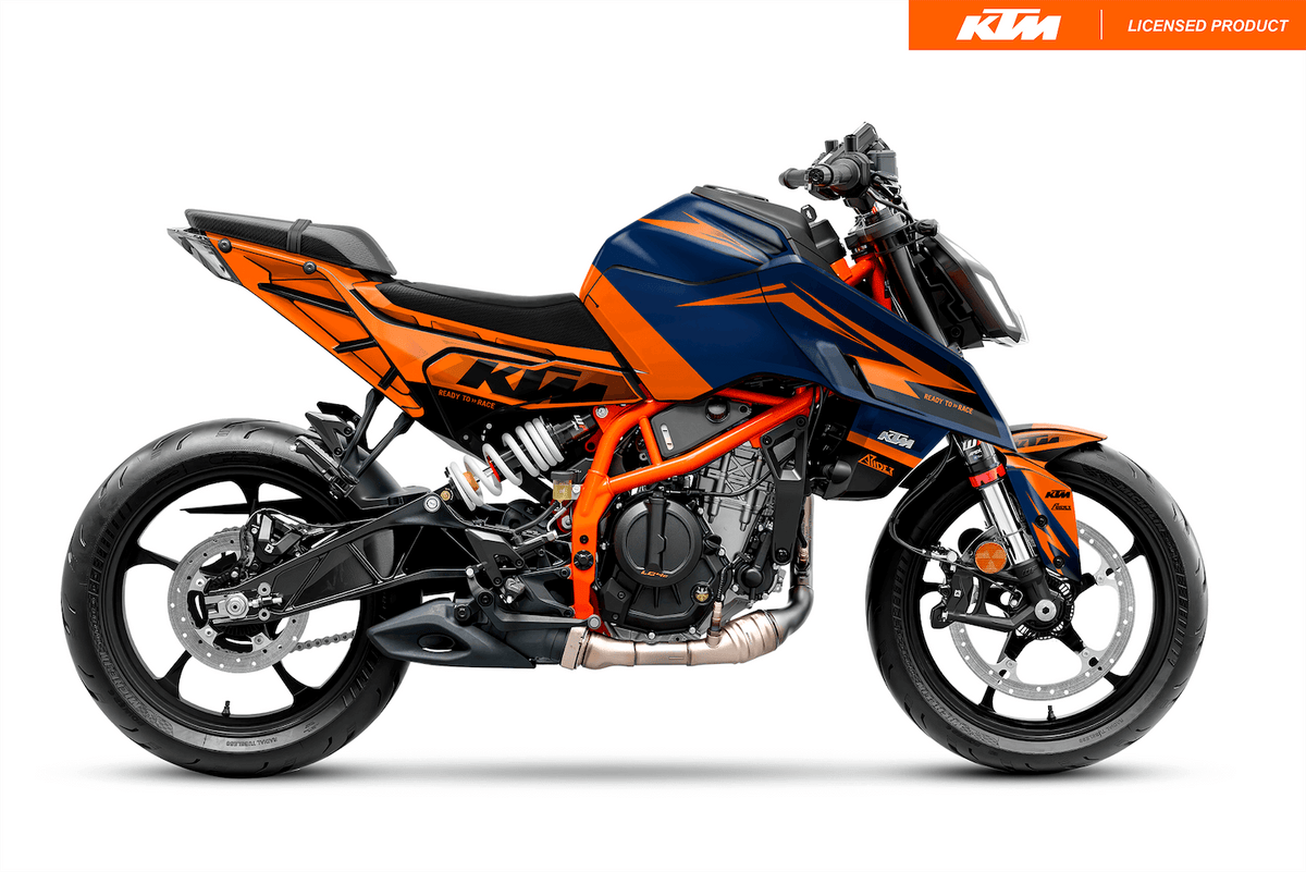 Arider Dekor passend für KTM Duke 390 – Base Edition, blau-orange Grafik auf kompletter Seitenansicht der Maschine.