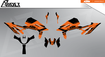 Arider Dekor passend für KTM Duke 990 – Alpha Edition, orange-schwarze Grafikteile in flacher Einzelteilansicht.