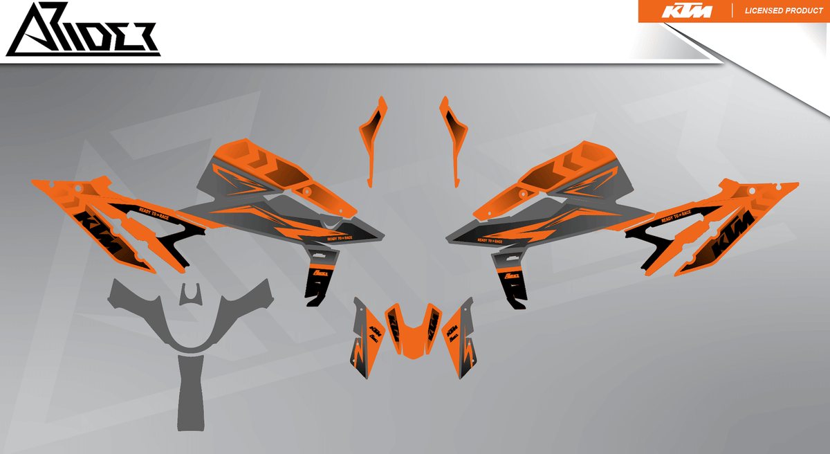 Arider Dekor passend für KTM Duke 990 – Base Edition, grau-orange Grafikteile in flacher Einzelteilansicht.