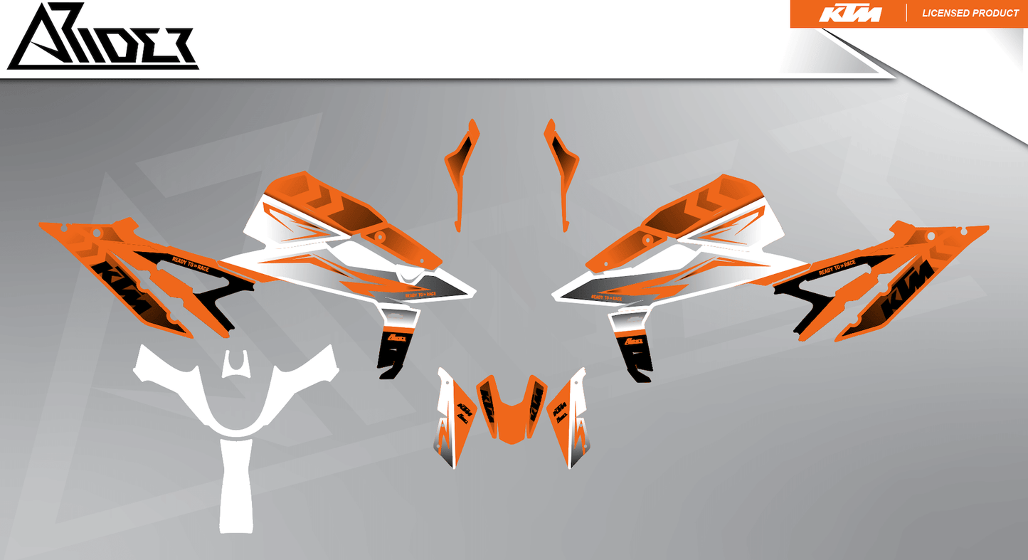 Arider Dekor passend für KTM Duke 990 – Base Edition, weiß-orange Grafikteile in flacher Einzelteilansicht.