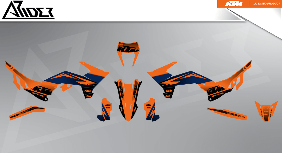 Arider Dekor passend für KTM 125 / 390 SMC-R – Base Edition, blau-orange Grafikteile in flacher Einzelteilansicht.