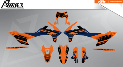 Arider Dekor passend für KTM 690 SMC-R – Base Edition, blau-orange Grafikteile in flacher Einzelteilansicht.