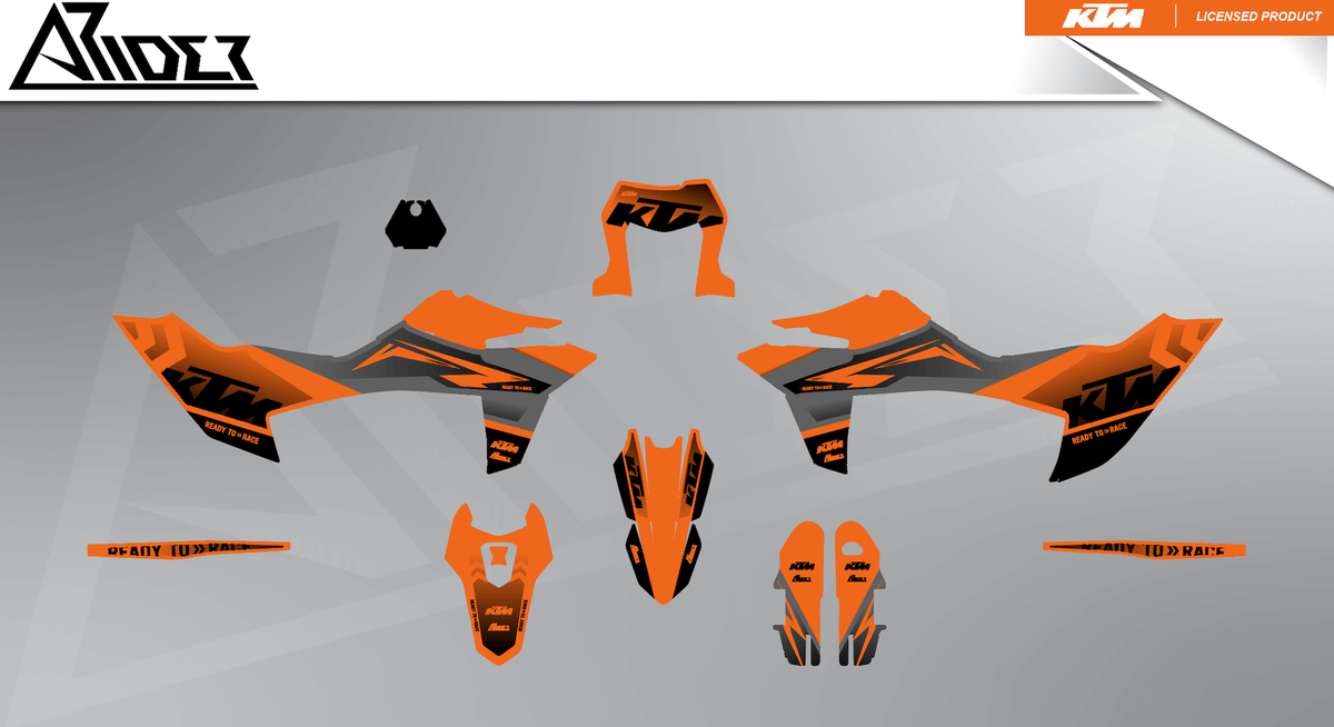 Arider Dekor passend für KTM 690 SMC-R – Base Edition, orange-graue Grafikteile in flacher Einzelteilansicht.