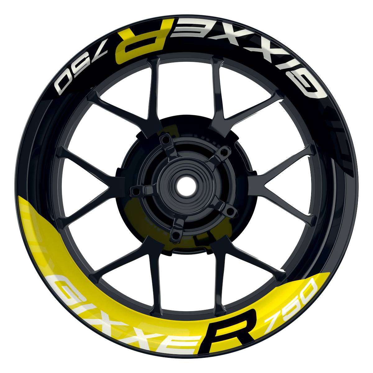 Suzuki GSXR 750 Felgenaufkleber GIXXER 750 halb halb V2 Wheelsticker Premium geteilt gelb