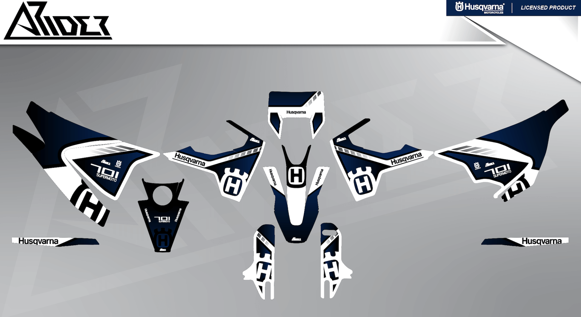 Arider Dekor passend für Husqvarna 701 – Sigma Edition, blau-weiße Grafikteile in flacher Einzelteilansicht.