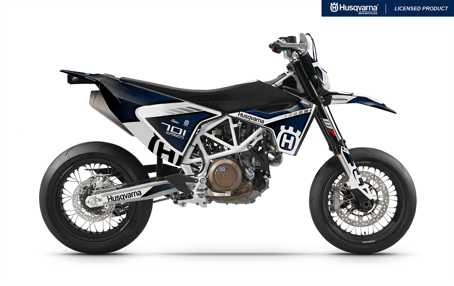 Arider Dekor passend für Husqvarna 701 – Sigma Edition, blau-weißes Grafikdesign auf einer Husqvarna 701 Supermoto in Seitenansicht.

