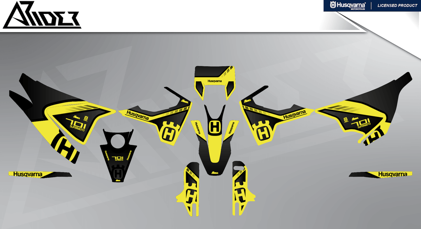Arider Dekor passend für Husqvarna 701 – Sigma Edition, gelb-schwarze Grafikteile in flacher Einzelteilansicht.