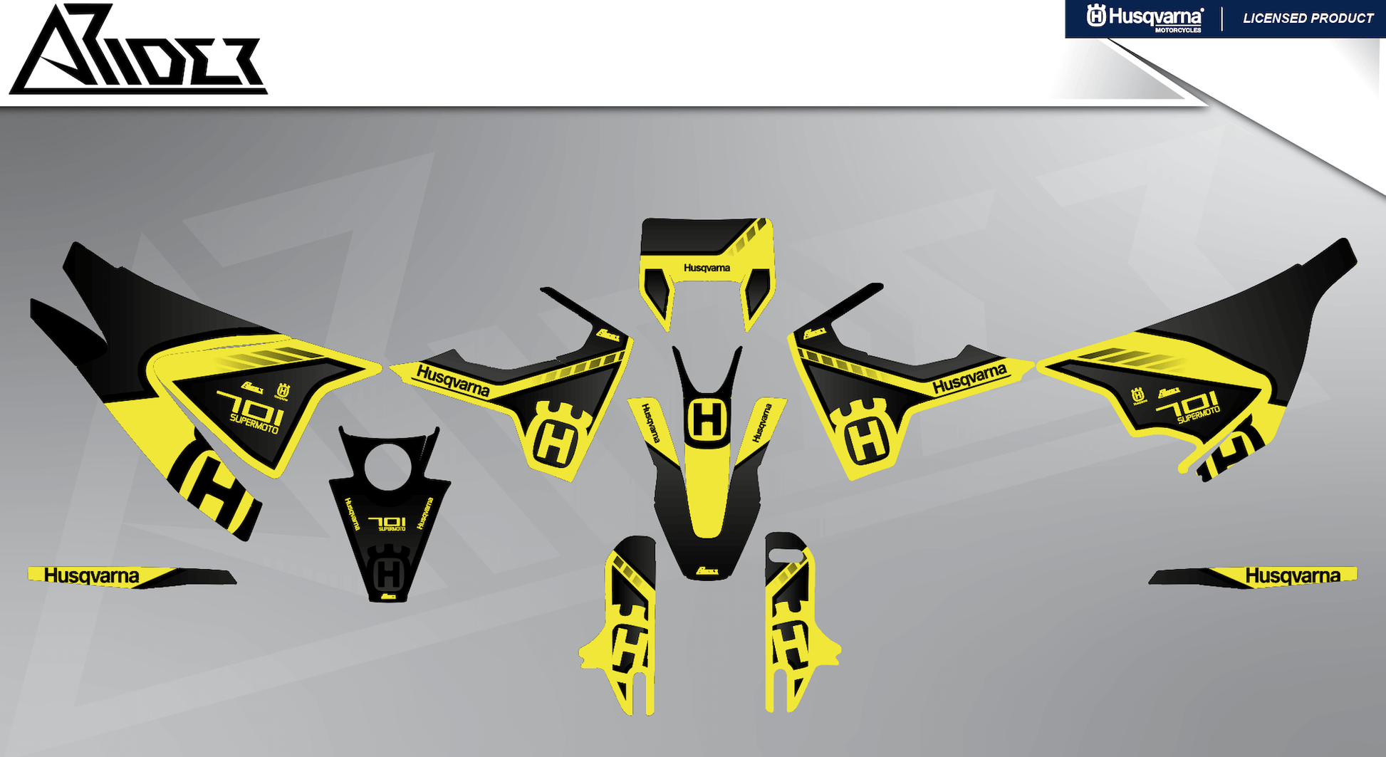 Arider Dekor passend für Husqvarna 701 – Sigma Edition, gelb-schwarze Grafikteile in flacher Einzelteilansicht.