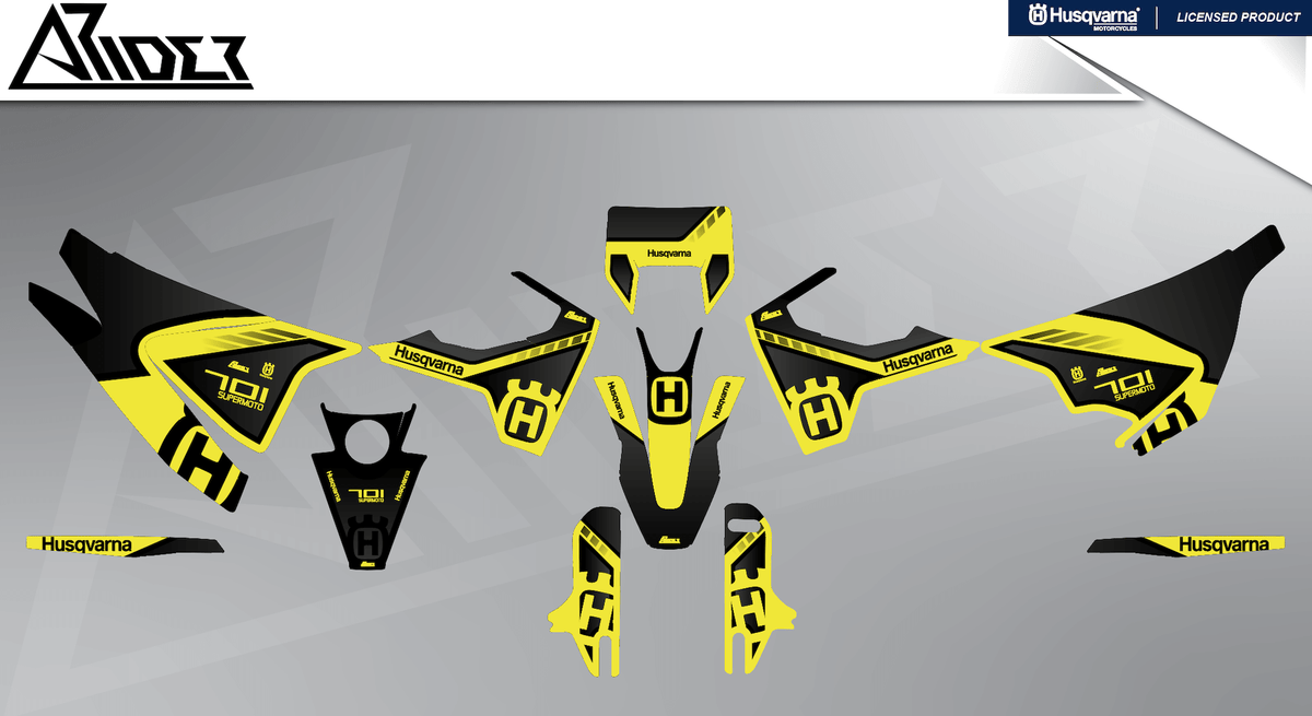 Arider Dekor passend für Husqvarna 701 – Sigma Edition, gelb-schwarze Grafikteile in flacher Einzelteilansicht.