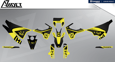 Arider Dekor passend für Husqvarna 701 – Sigma Edition, gelb-schwarze Grafikteile in flacher Einzelteilansicht.