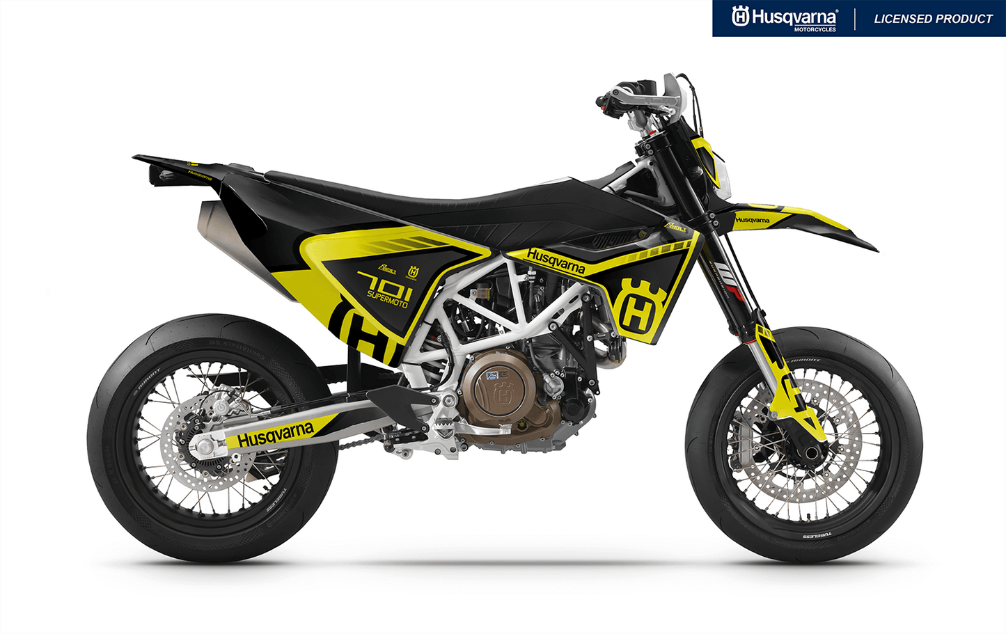 Arider Dekor passend für Husqvarna 701 – Sigma Edition, gelb-schwarze Grafik auf einer Husqvarna 701 Supermoto in Seitenansicht.