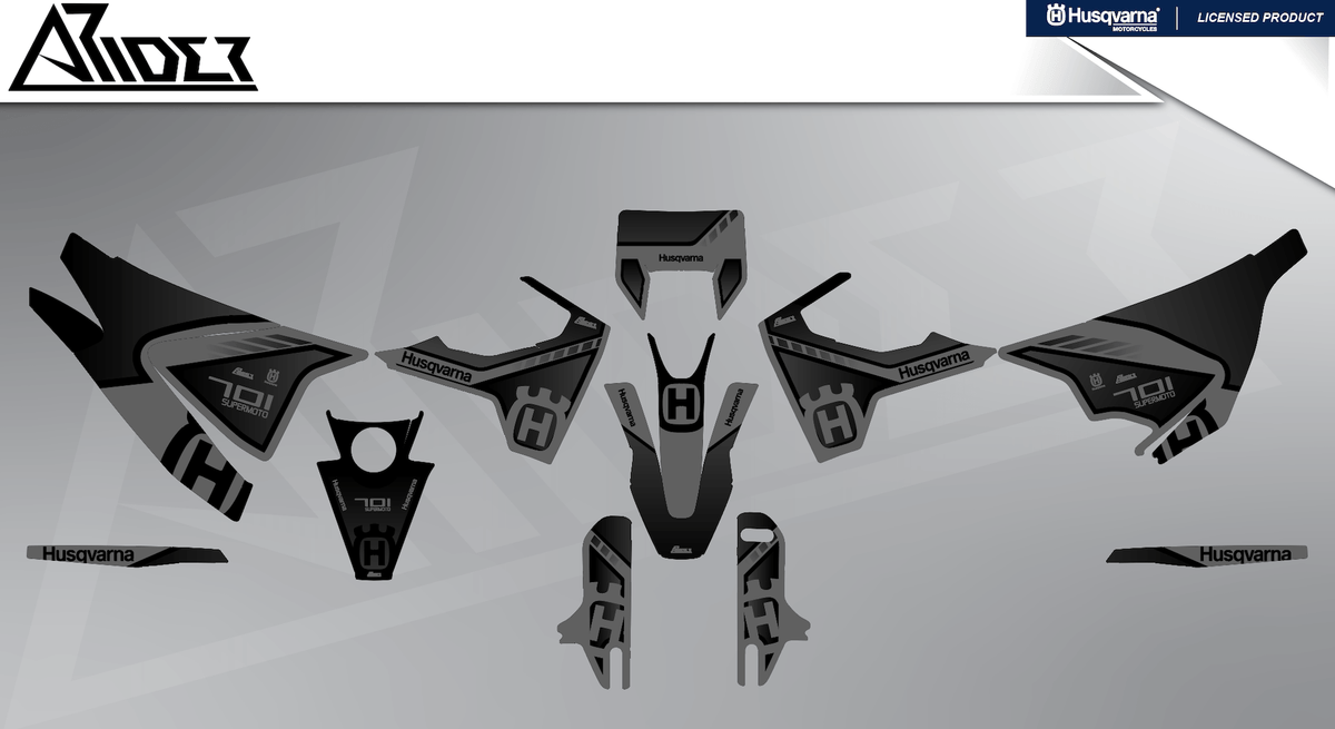 Arider Dekor passend für Husqvarna 701 – Sigma Edition, grau-schwarze Grafikteile in flacher Einzelteilansicht.