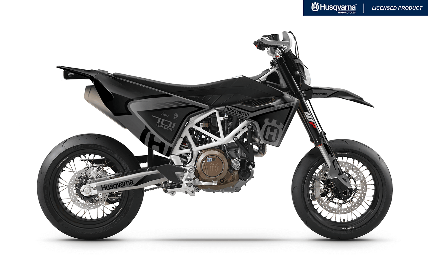 Arider Dekor passend für Husqvarna 701 – Sigma Edition, graues Grafikdesign auf einer Husqvarna 701 Supermoto in Seitenansicht.
