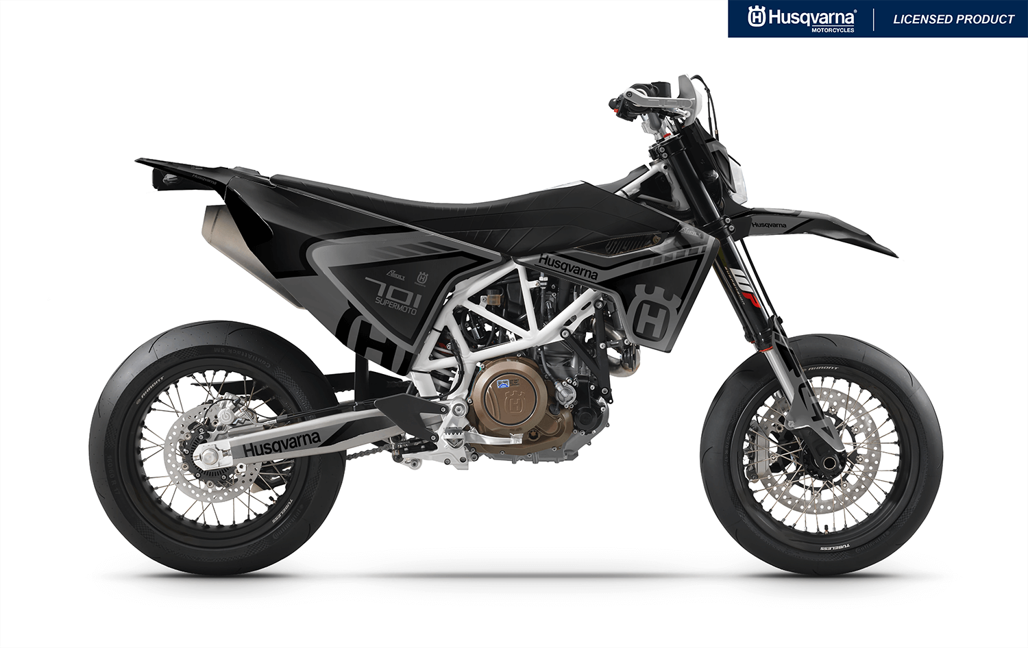 Arider Dekor passend für Husqvarna 701 – Sigma Edition, graues Grafikdesign auf einer Husqvarna 701 Supermoto in Seitenansicht.