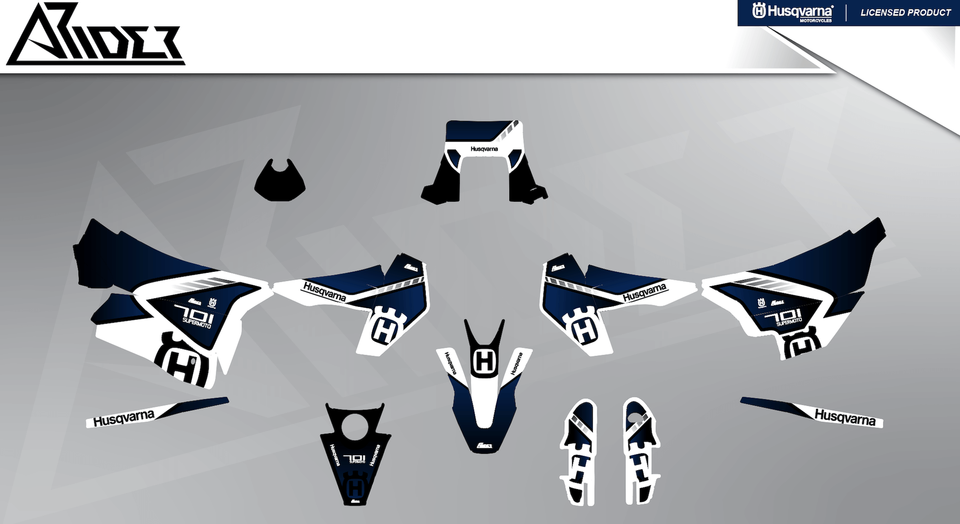 Arider Dekor passend für Husqvarna 701 – Sigma Edition, blau-weiße Grafikteile in flacher Einzelteilansicht.