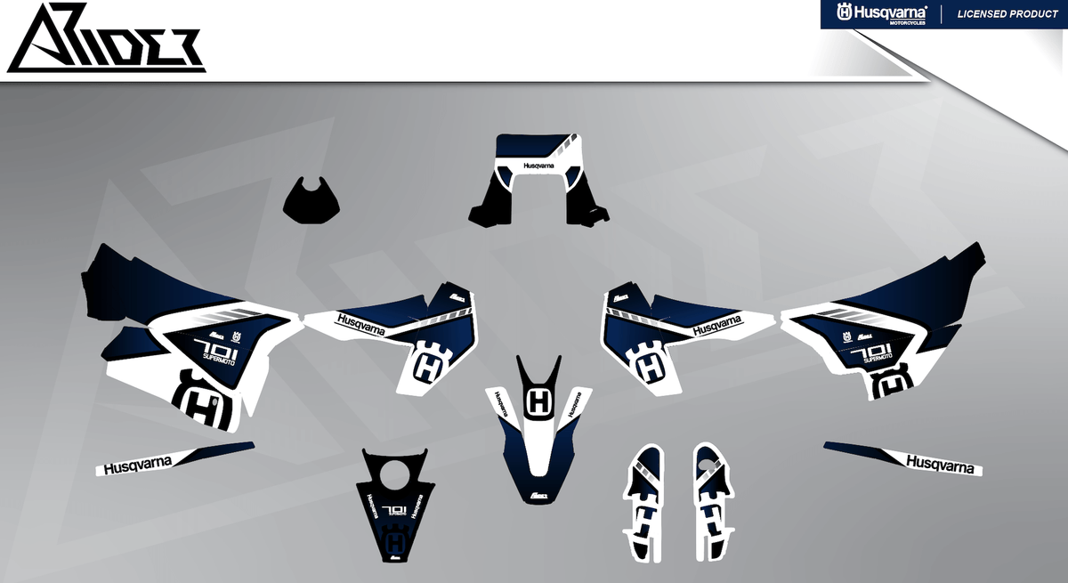 Arider Dekor passend für Husqvarna 701 – Sigma Edition, blau-weiße Grafikteile in flacher Einzelteilansicht.