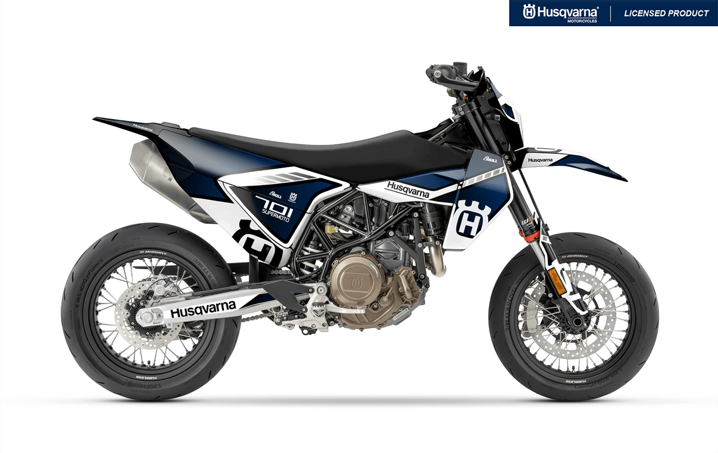 Arider Dekor passend für Husqvarna 701 – Sigma Edition, blau-weißes Grafikdesign auf einer Husqvarna 701 Supermoto in Seitenansicht.