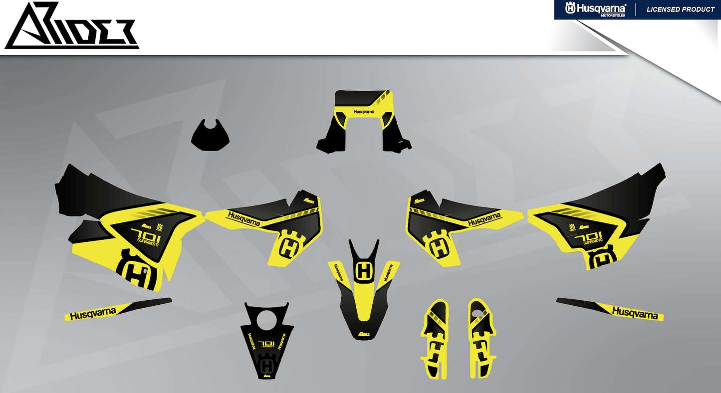 Arider Dekor passend für Husqvarna 701 – Sigma Edition, gelb-schwarze Grafikteile in flacher Einzelteilansicht.