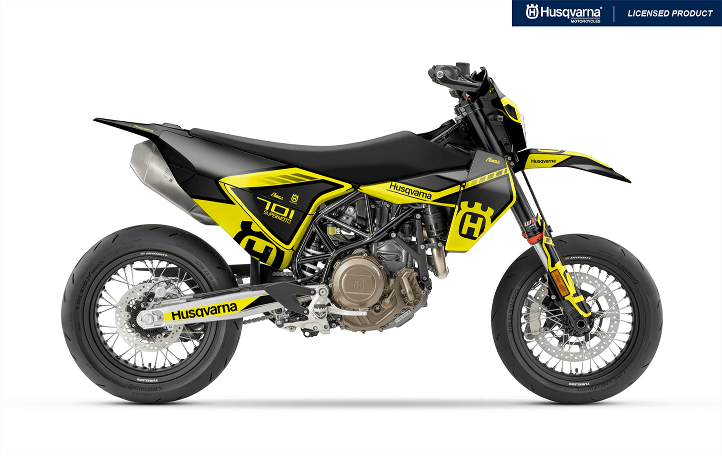 Arider Dekor passend für Husqvarna 701 – Sigma Edition, gelb-schwarze Grafik auf einer Husqvarna 701 Supermoto in Seitenansicht.