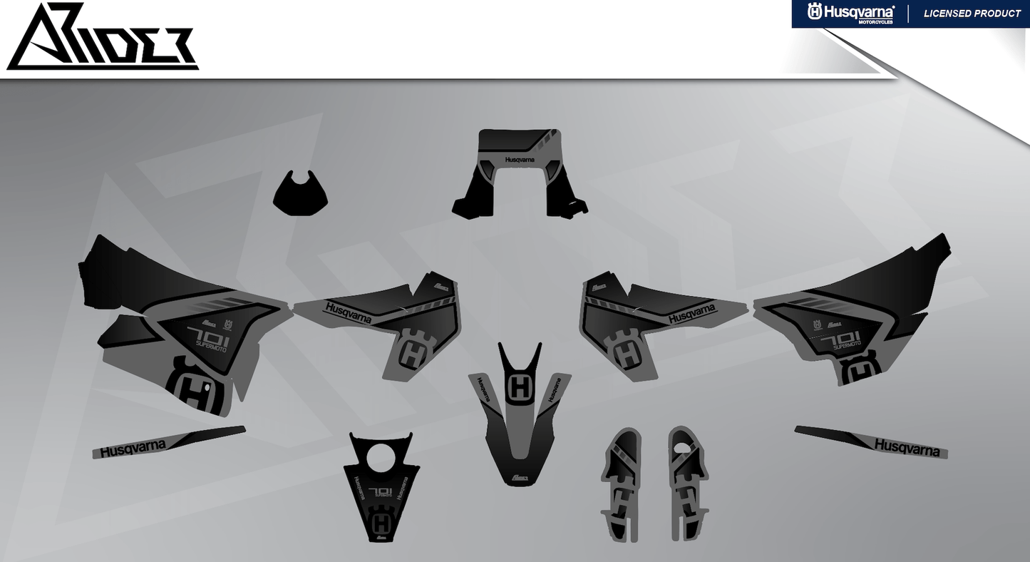 Arider Dekor passend für Husqvarna 701 – Sigma Edition, grau-schwarze Grafikteile in flacher Einzelteilansicht.