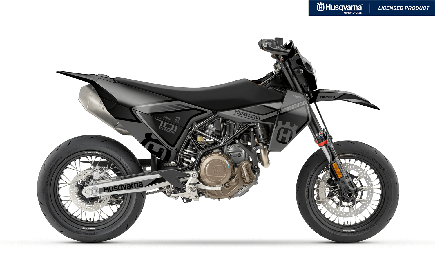 Arider Dekor passend für Husqvarna 701 – Sigma Edition, graues Grafikdesign auf einer Husqvarna 701 Supermoto in Seitenansicht.