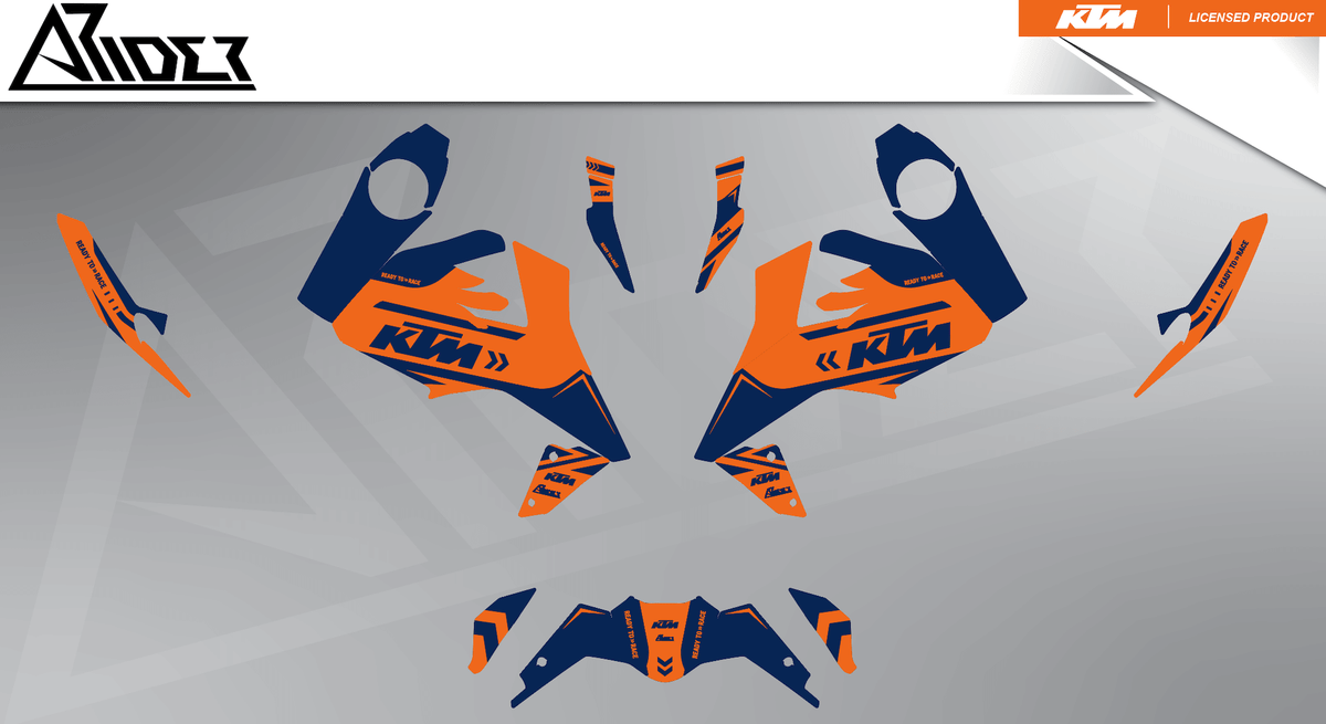 Arider Dekor passend für KTM Duke 125 – Alpha Edition, blau-orange Grafikteile in flacher Einzelteilansicht.