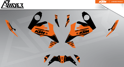 Arider Dekor passend für KTM Duke 125 – Alpha Edition, orange-schwarze Grafikteile in flacher Einzelteilansicht.