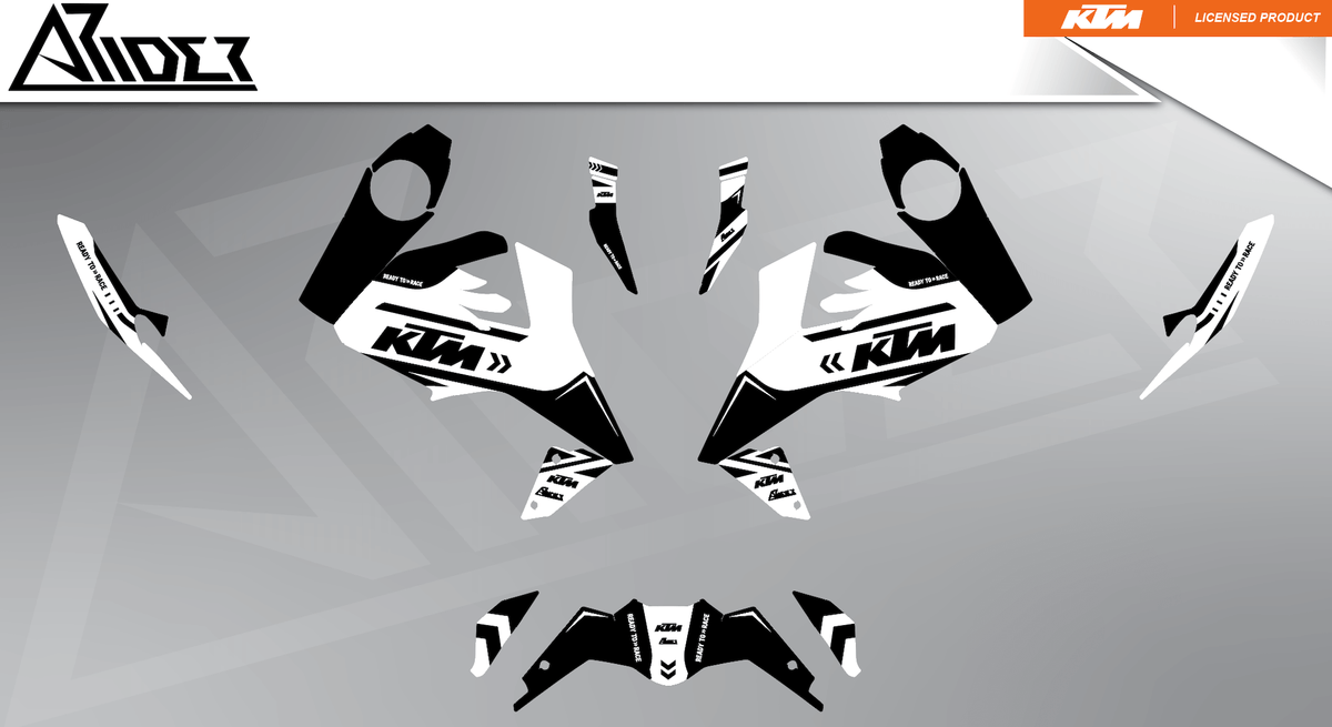 Arider Dekor passend für KTM Duke 125 – Alpha Edition, weiß-schwarze Grafikteile in flacher Einzelteilansicht.