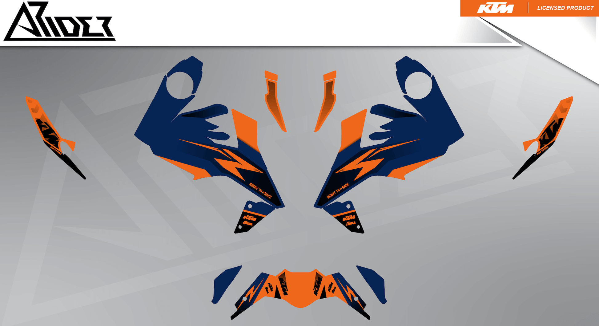 Arider Dekor passend für KTM Duke 125 – Base Edition, blau-orange Grafikteile in flacher Einzelteilansicht.