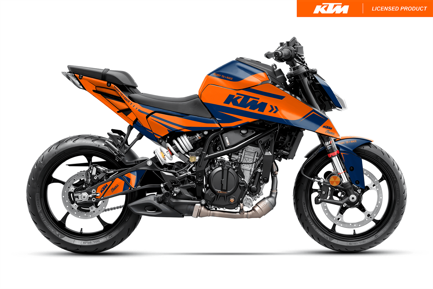 Arider Dekor passend für KTM Duke 125 – Alpha Edition, blau-orange Grafik auf kompletter Seitenansicht der Maschine.