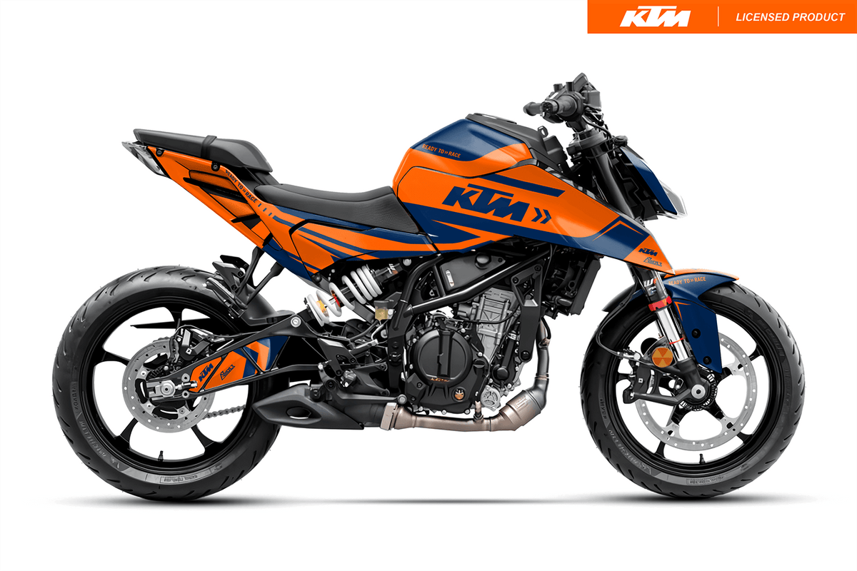 Arider Dekor passend für KTM Duke 125 – Alpha Edition, blau-orange Grafik auf kompletter Seitenansicht der Maschine.