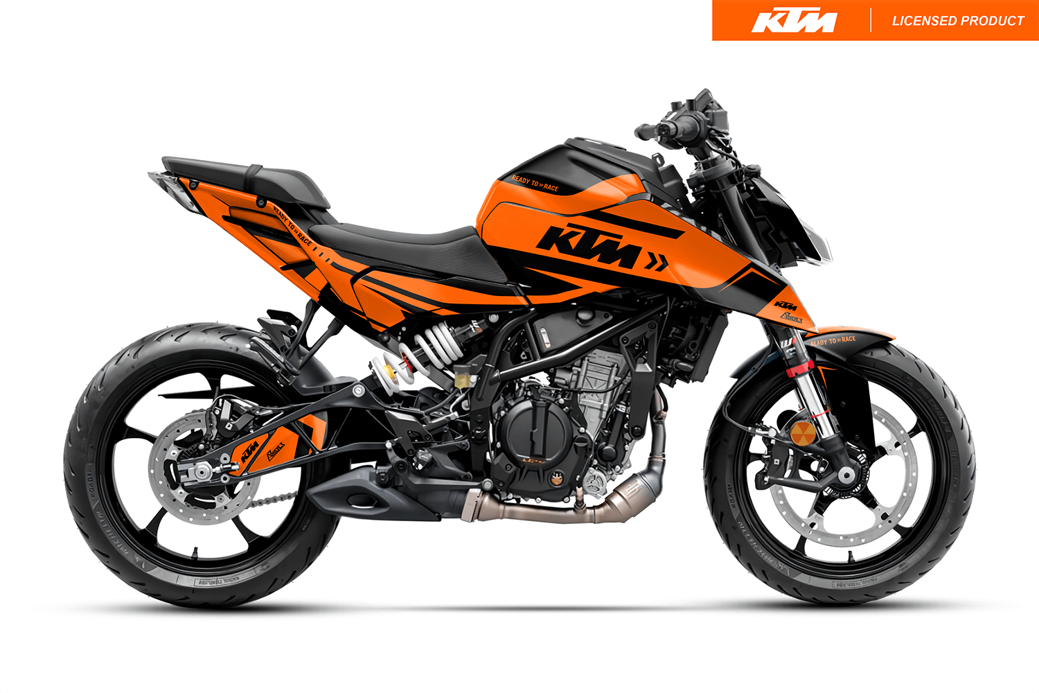 Arider Dekor passend für KTM Duke 125 – Alpha Edition, orange-schwarze Grafik auf kompletter Seitenansicht der Maschine.
