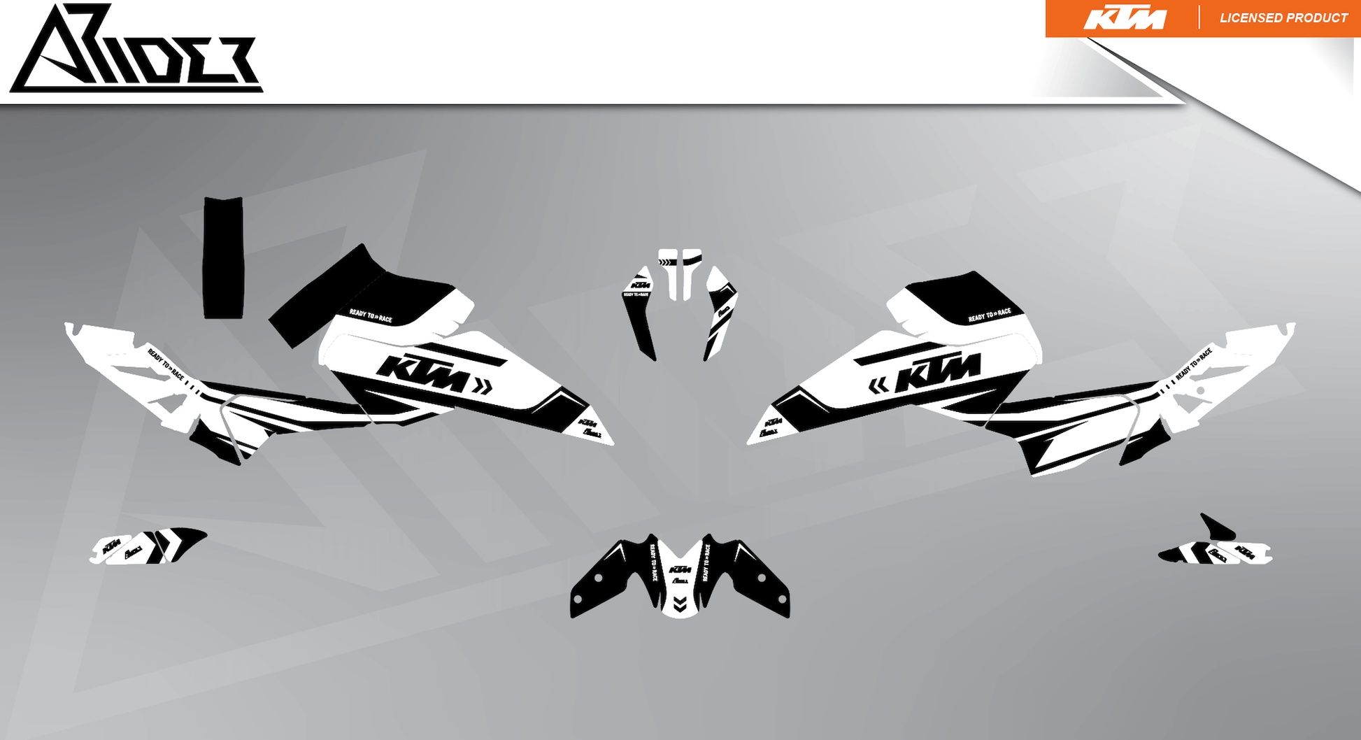 Arider Dekor passend für KTM Duke 125 – Alpha Edition, weiß-schwarze Grafikteile in flacher Einzelteilansicht.