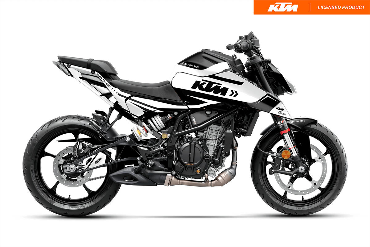 Arider Dekor passend für KTM Duke 125 – Alpha Edition, weiß-schwarze Grafik auf kompletter Seitenansicht der Maschine.