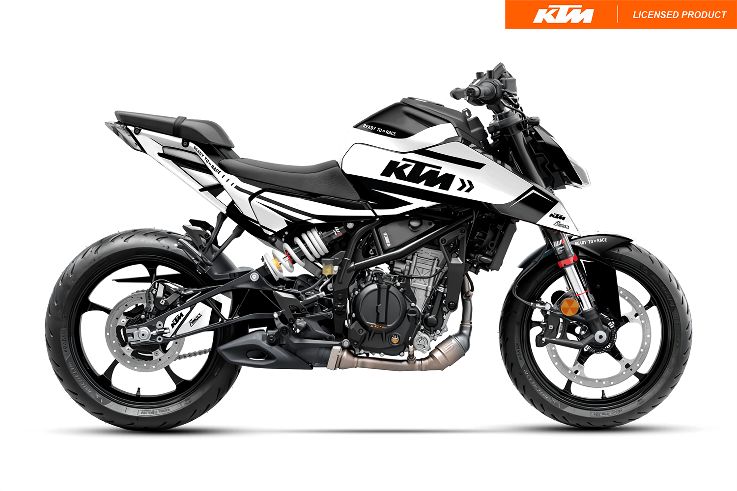 Arider Dekor passend für KTM Duke 125 – Alpha Edition, weiß-schwarze Grafik auf kompletter Seitenansicht der Maschine.