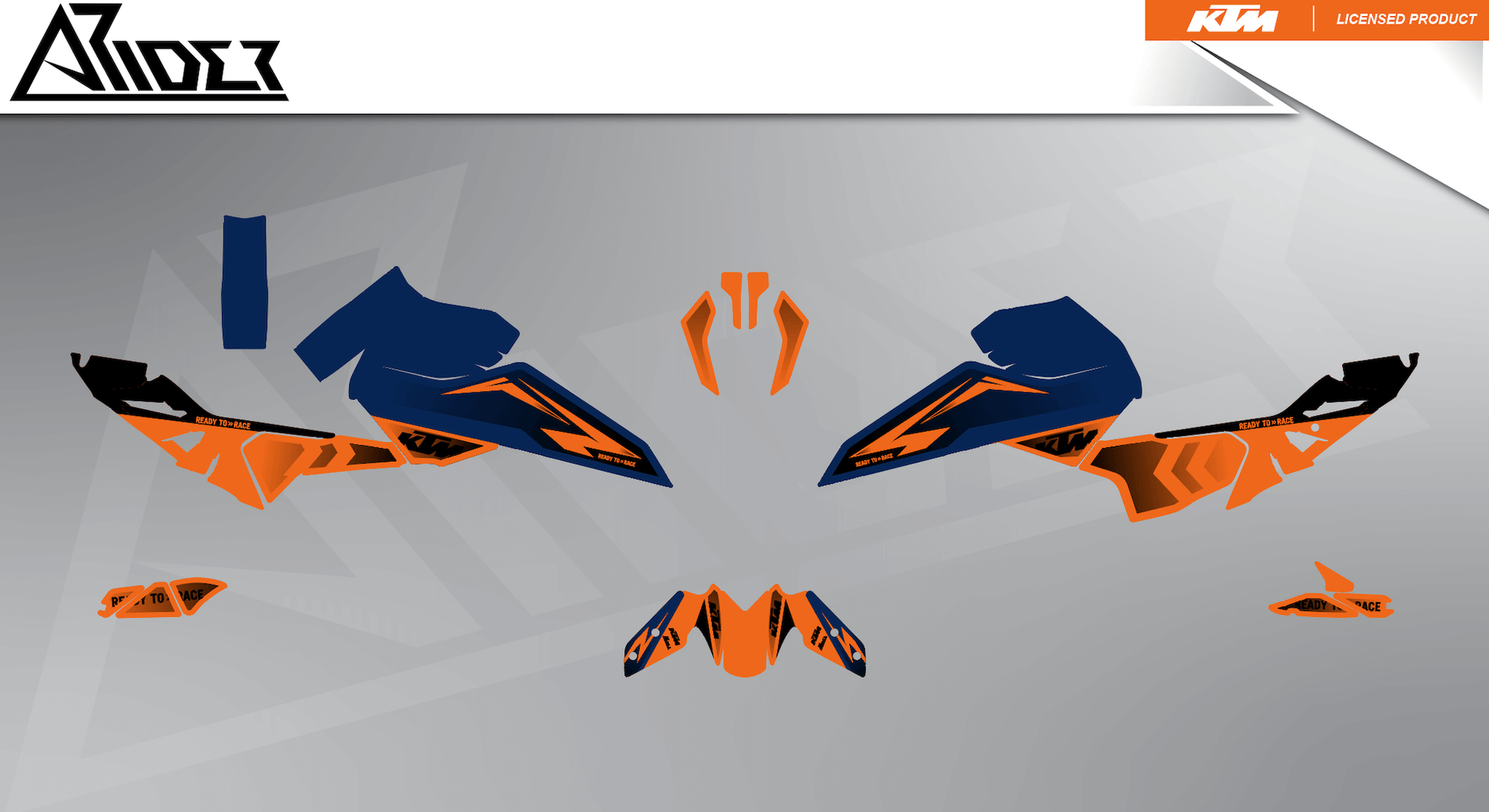 Arider Dekor passend für KTM Duke 125 – Base Edition, blau-orange Grafikteile in flacher Einzelteilansicht.