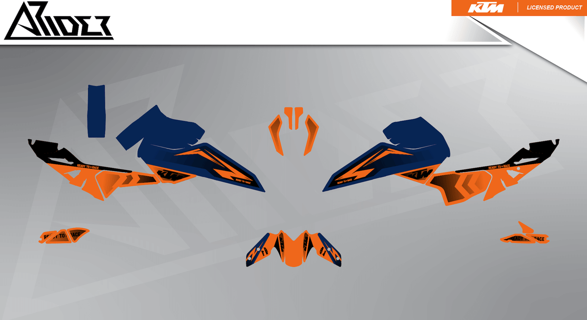 Arider Dekor passend für KTM Duke 125 – Base Edition, blau-orange Grafikteile in flacher Einzelteilansicht.