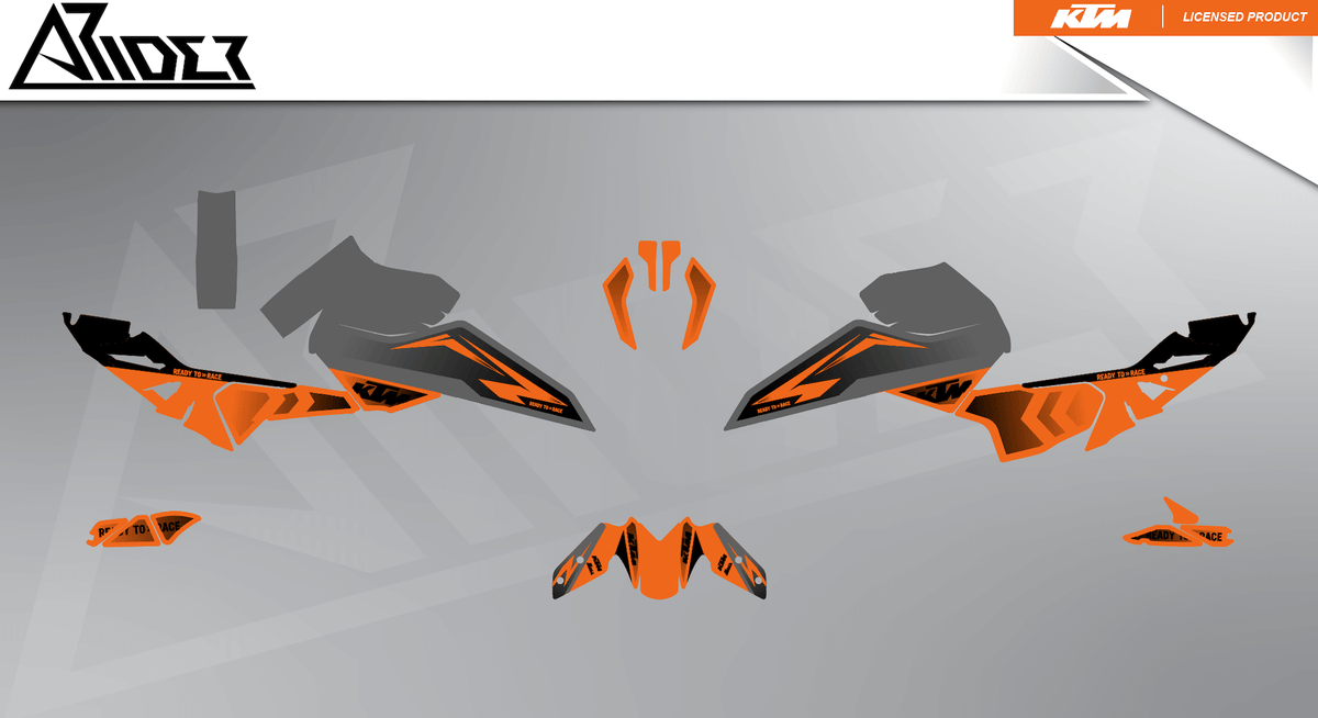 Arider Dekor passend für KTM Duke 125 – Base Edition, grau-orange Grafikteile in flacher Einzelteilansicht.